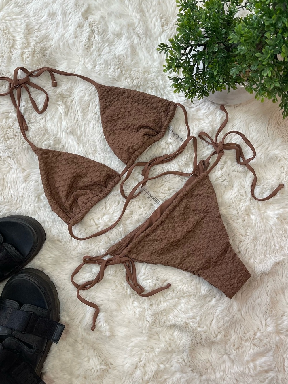 Zaful Chocolate Brown Textured Tie-Side Bikini Set